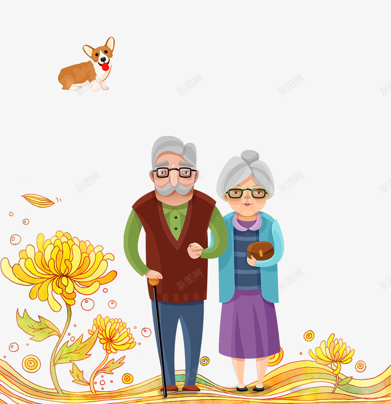 卡通站立的两个老人psd免抠素材_88icon https://88icon.com 两个老人 免抠夫妻 卡通 小狗 站立的 黄色花朵装饰