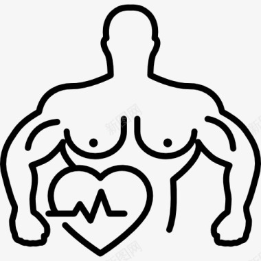 男性肌肉发达的男性轮廓与心脏和生命线图标图标