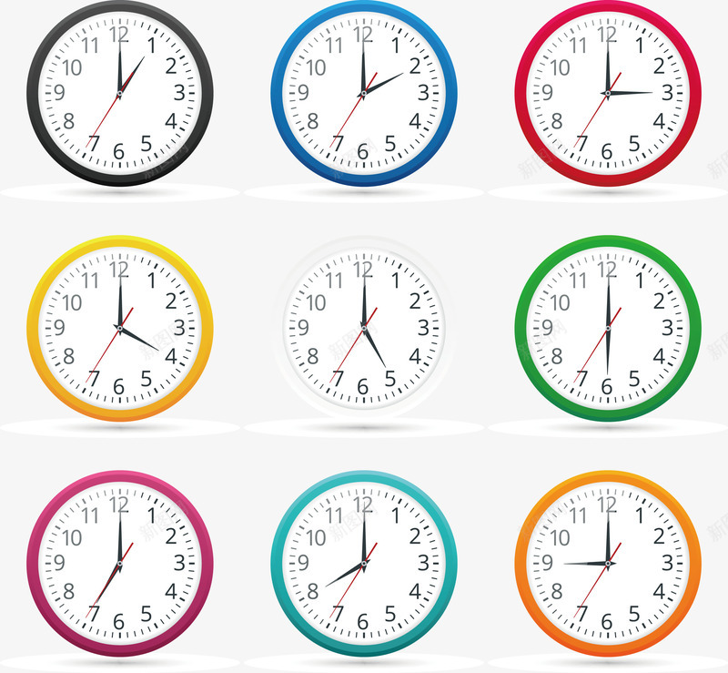 九个圆形钟表矢量图eps免抠素材_88icon https://88icon.com 5点 九个时钟 九色钟表 圆形钟表 指针PNG 时间下载 时间盘 矢量图 矢量钟表