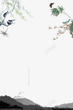 花鸟元素手绘水墨山水与花鸟中国风边框高清图片