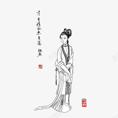 手绘线画手绘中国风美女贾探春红楼梦插画图标图标