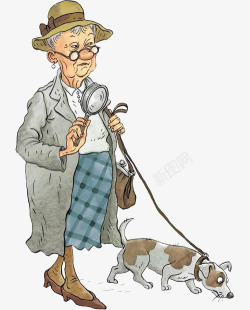 手绘老奶奶手绘遛狗的老婆婆高清图片