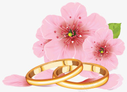 手绘粉色木槿花与金色戒指素材