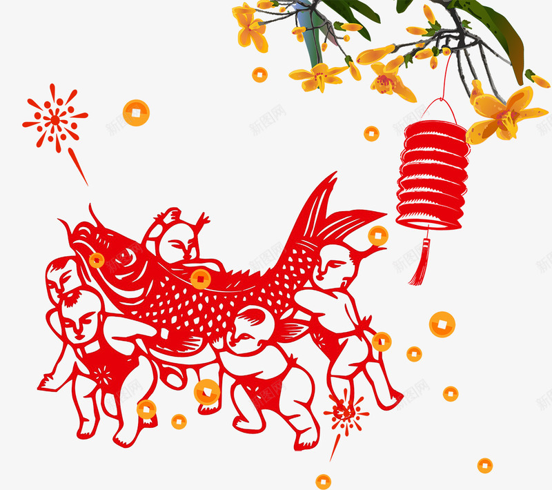 中国风剪纸福娃太红鱼psd免抠素材_88icon https://88icon.com 中国风 剪纸 灯笼烟花 福娃太红鱼 黄色花朵装饰