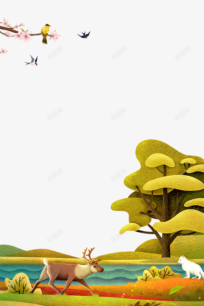 春季林间的植物与小鹿装饰边框psd免抠素材_88icon https://88icon.com 叶子装饰 大自然景色 手绘 春季 春色 树木装饰 植物装饰 花朵装饰