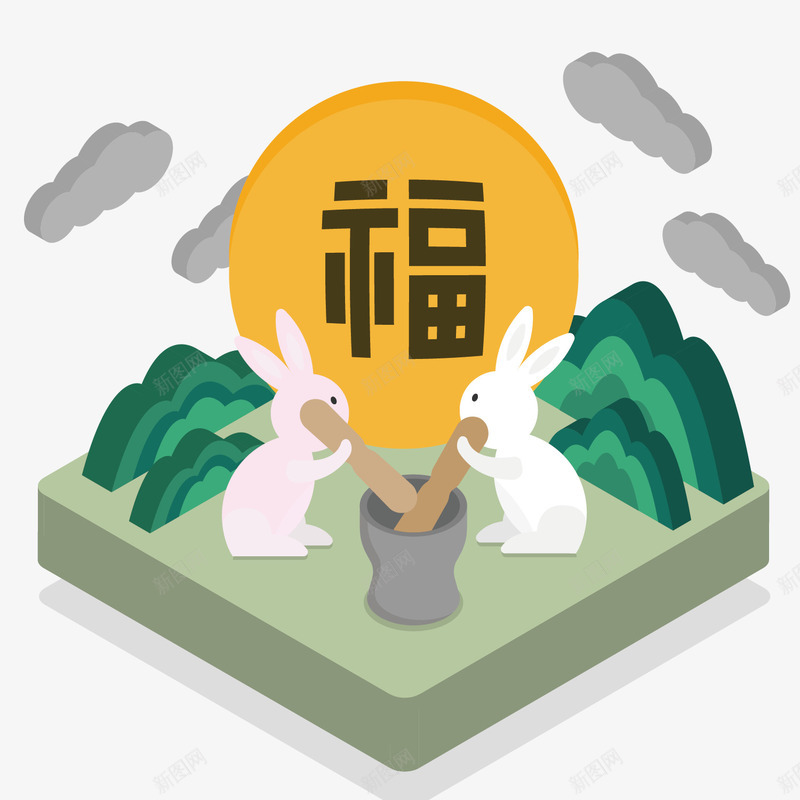 绿色兔子立体场景矢量图ai免抠素材_88icon https://88icon.com 2023 25D 兔年 捣药器 白兔 矢量图 福字 福字书法矢量图 立体场景 等距视角 绿色 黄色月亮