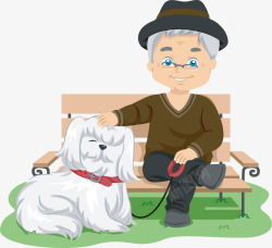 遛狗坐在条椅上休息的老人素材