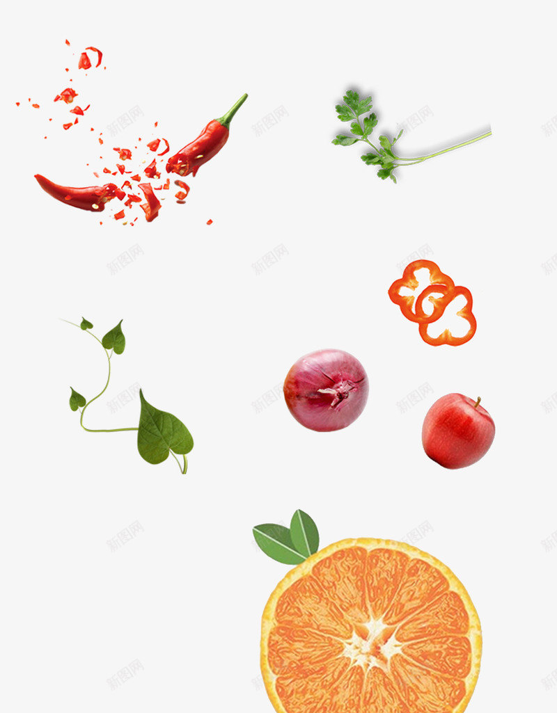 新鲜蔬果png免抠素材_88icon https://88icon.com 彩椒圈 橙子 洋葱 碎裂的红辣椒 苹果