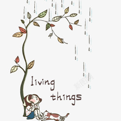 雨中坐在小树下的小女孩和小狗素材