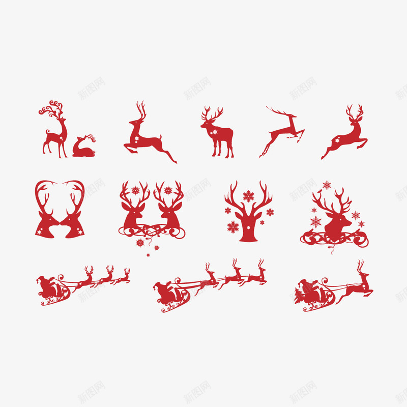 红色圣诞图案元素png免抠素材_88icon https://88icon.com 圣诞图案元素 梅花鹿 红色 雪橇车 麋鹿车