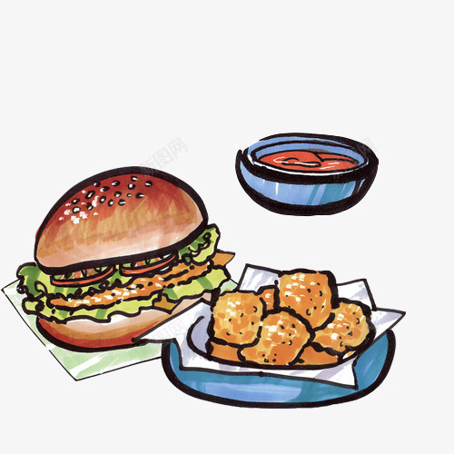 汉堡包快餐组合手绘画png免抠素材_88icon https://88icon.com 手绘画 汉堡 炸鸡块 番茄汤 美食 鸡米花