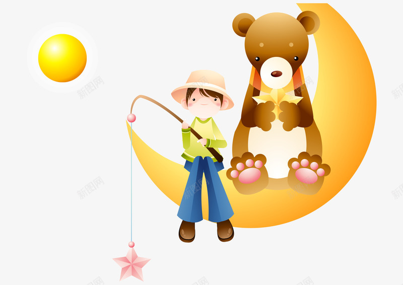 卡通手绘月亮戴帽子男孩小熊png免抠素材_88icon https://88icon.com 卡通的男孩 可爱的小熊 戴帽子的男孩 手绘的小熊 黄色的月亮