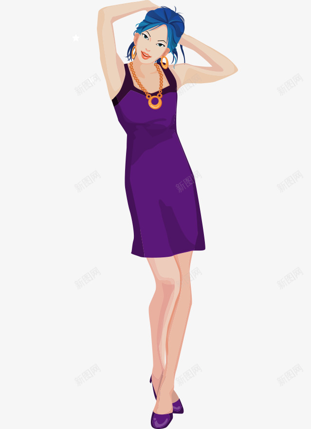 卡通手绘蓝色头发裙子性感女人png免抠素材_88icon https://88icon.com 卡通的人物 性感的女人 手绘的女人 紫色的裙子 蓝色的头发