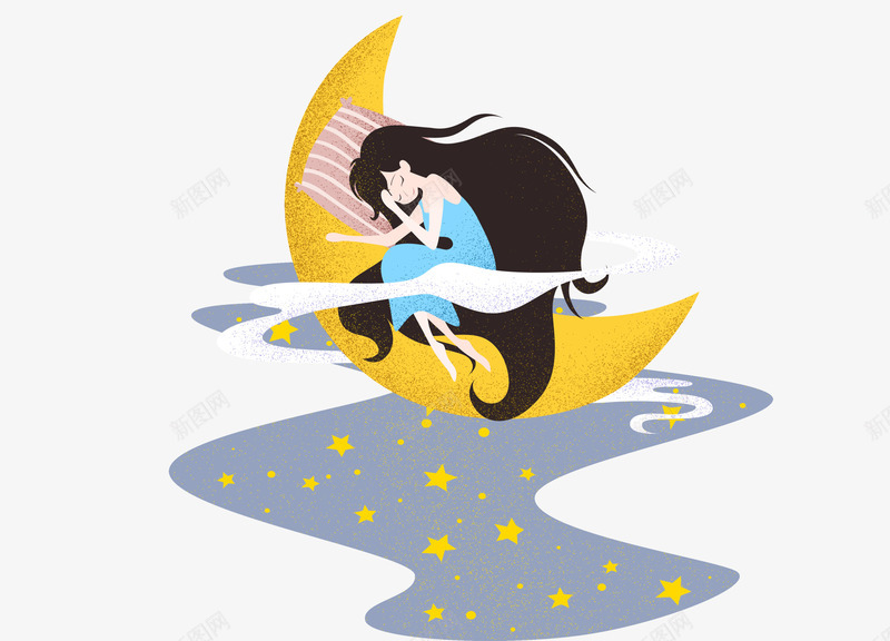 坐在月亮上的少女png免抠素材_88icon https://88icon.com 女孩 抽象 星星 月亮 紫色 美女 蓝色 长发 黄色