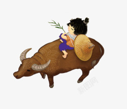 卡通手绘牛背上的牧童素材