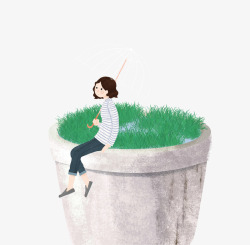 卡通手绘坐在花坛上的少女插画免素材