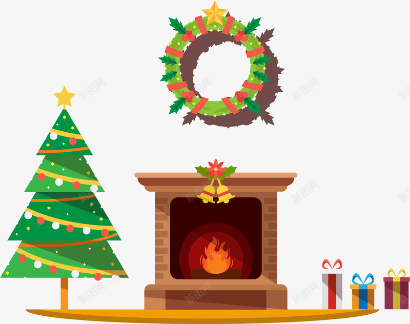 卡通圣诞树火炉礼物png免抠素材_88icon https://88icon.com 卡通 圣诞树 挂壁装饰 火炉 礼物盒 装饰元素