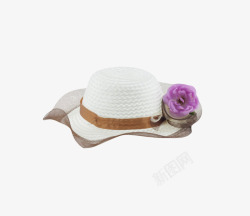 白色防晒紫色花装饰带草帽女实物素材