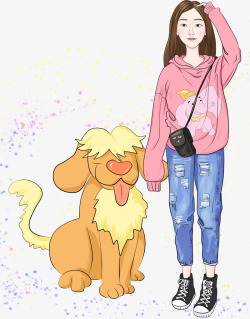 卡通彩绘女孩和狗狗素材