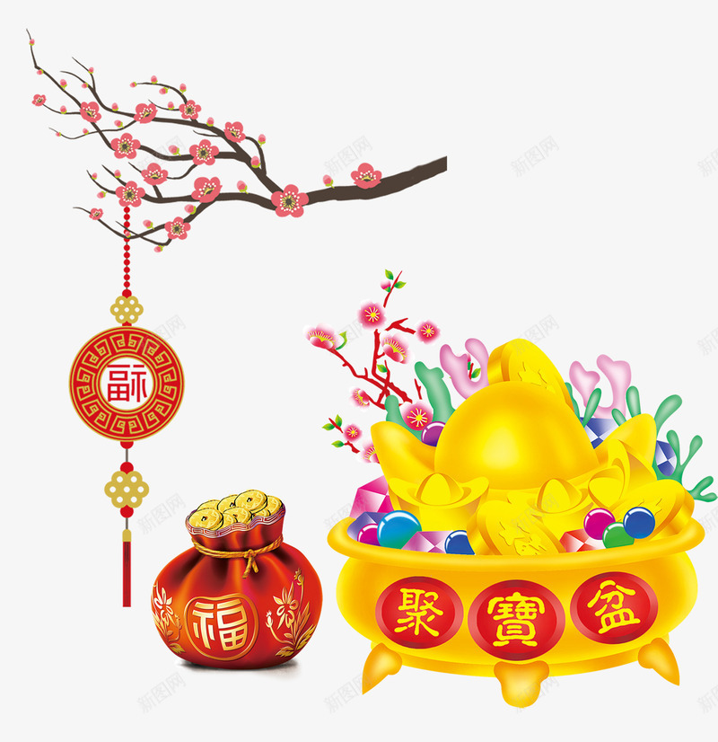 金银财宝png免抠素材_88icon https://88icon.com 一枝梅花 中国风挂饰 元宝 珠宝 福袋 聚宝盆 聚宝盆图 铜钱