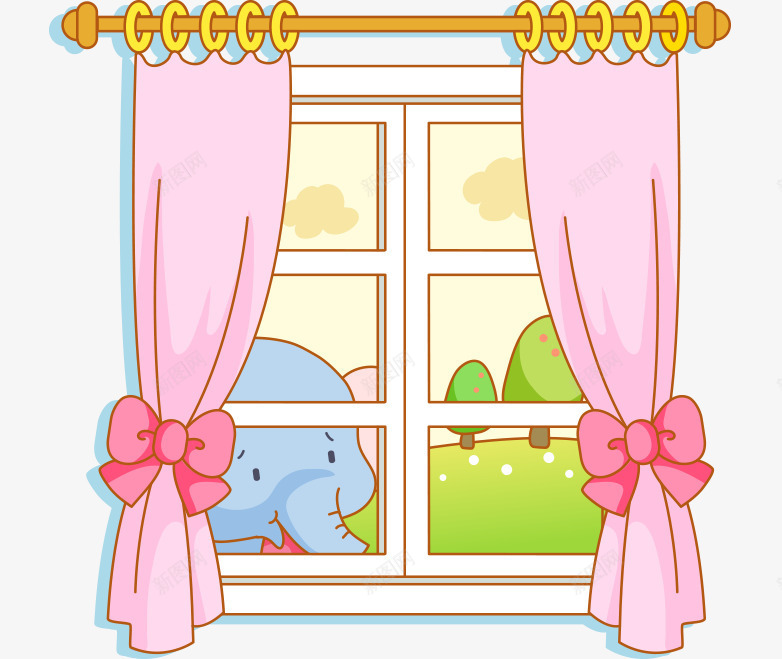 卡通手绘紫色窗帘窗外大象风景png免抠素材_88icon https://88icon.com 卡通的动物 手绘的大象 窗外的风景 紫色的窗帘