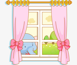 卡通手绘紫色窗帘窗外大象风景素材