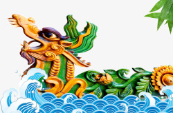 龙舟雕刻卡通海浪树叶装饰素材