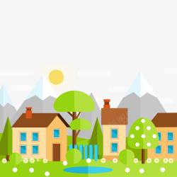 郊区建筑山丘树林风景素材