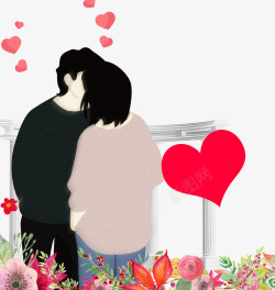 卡通花丛里接吻的情侣素材