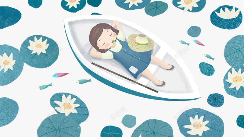 卡通手绘躺在船上睡觉的女孩psd免抠素材_88icon https://88icon.com 卡通 手绘 熟睡少女 绿色荷叶 荷花装饰 躺在船上睡觉的女孩