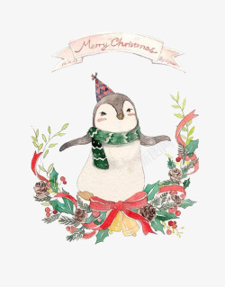 水彩手绘圣诞小企鹅素材