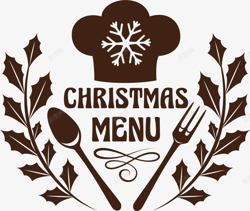 圣诞节菜单png_88icon https://88icon.com christmas menu 圣诞节菜单 棕色刀叉 棕色帽子 白色雪花