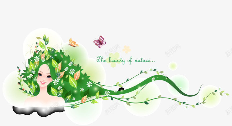 创意花草美女发型png免抠素材_88icon https://88icon.com 发现 头饰 护发 树叶 绿色 花草头发 蝴蝶