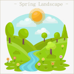 春季绿树河流风景矢量图素材