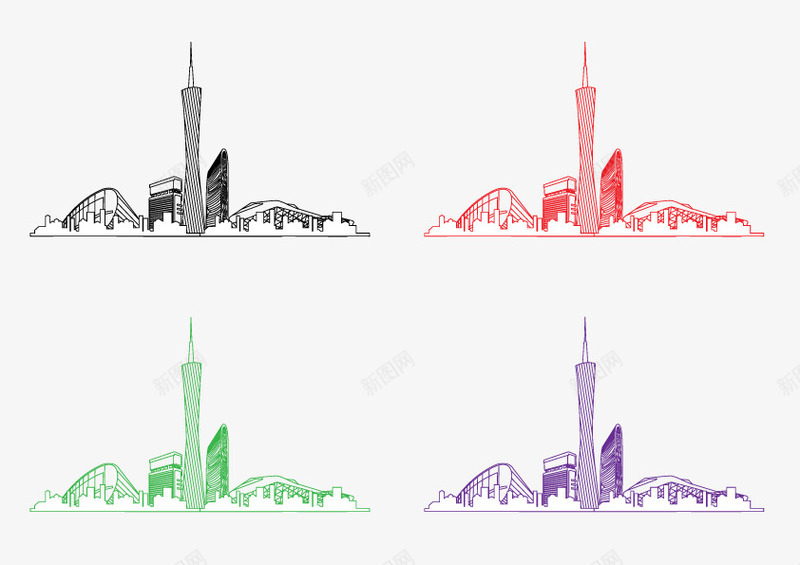 4种不同颜色的广州塔线图png免抠素材_88icon https://88icon.com 小蛮腰 广州塔 紫色 红色 绿色 黑色