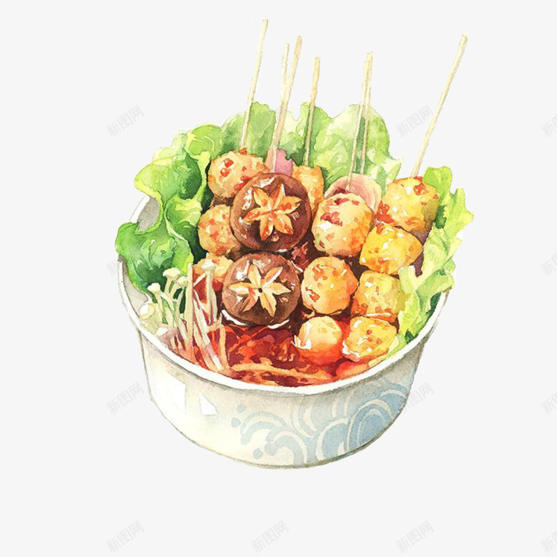 可爱的碗中的串串png免抠素材_88icon https://88icon.com 丸子串 手绘 水彩 蔬菜 金针菇 香菇串 麻辣