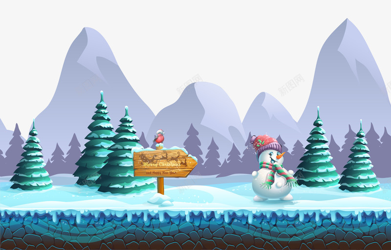 冬季装饰风景psd免抠素材_88icon https://88icon.com 下雪 冬天 冬季 景色 装饰图案 雪人 风景 高山