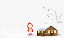 冬天卡通小女孩和房子背景素材
