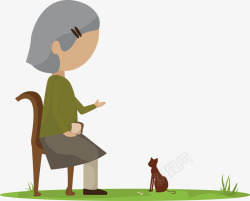 坐在椅子上喂猫的老太太素材