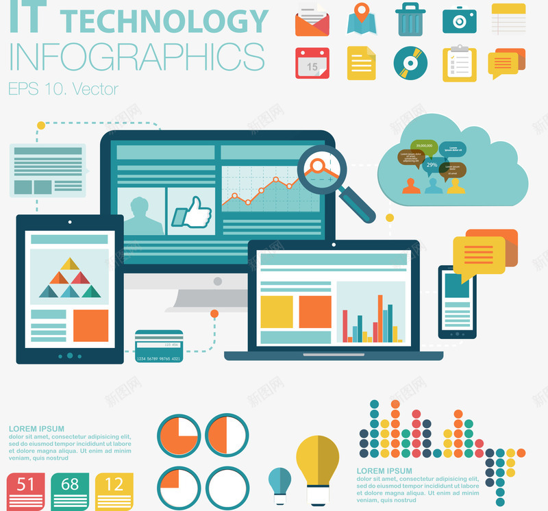 互联网科技信息矢量图eps免抠素材_88icon https://88icon.com 云分享 互联网 信息 分类标签 扁平化 数据图表 流程图 矢量素材 科技 矢量图