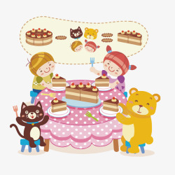 吃蛋糕的儿童和动物矢量图素材