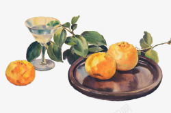 水彩酒杯盘子里的柑橘和酒杯静物画高清图片