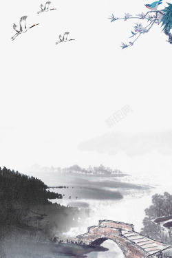 荷花山水背景复古水墨飞鸟与山水画高清图片