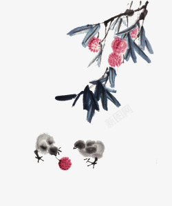 鸡动中国花鸟国画荔枝树和小鸡高清图片