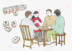 四人麻将打麻将的传统插画高清图片