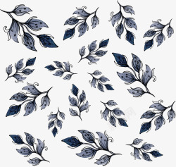 蓝色手绘水彩树叶花纹矢量图素材
