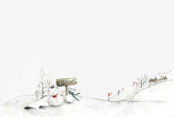 雪地指示牌素材手绘雪地里的房子雪人高清图片