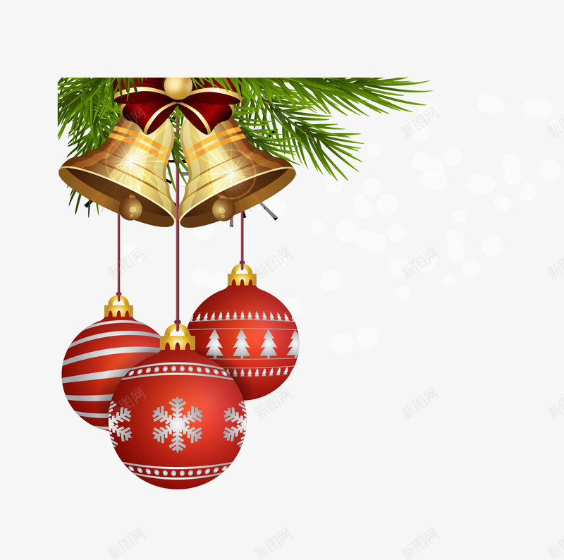 圣诞红色彩球金色铃铛png免抠素材_88icon https://88icon.com 圣诞节 扁平 红色圆球 绿叶 金色铃铛