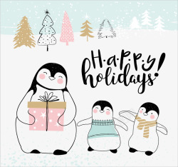 手绘圣诞企鹅礼盒背景矢量图素材
