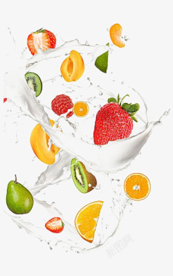黄桃切片喷溅动感牛奶中的水果高清图片
